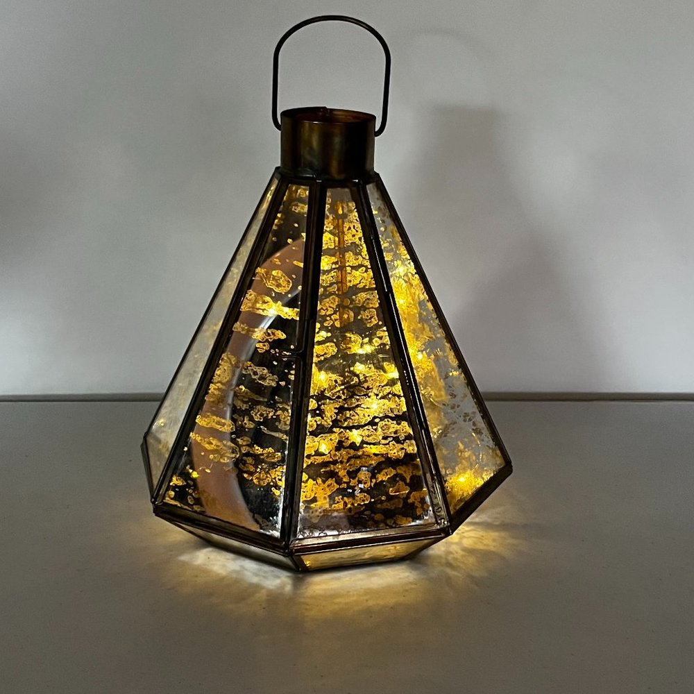 Mercury Glass Octagon Brass Lantern with LED Lights Strings 3 AAA Batteries Open